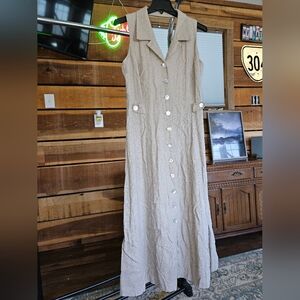 VIRGO Sleeveless A-line Lagenlook Linen Blend Button-Front Khaki Maxi Dress Sz18